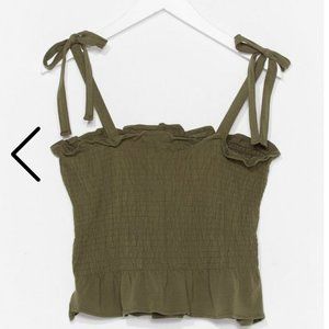Olive Green Smocked Tie Shoulder Cropped Tank NWT